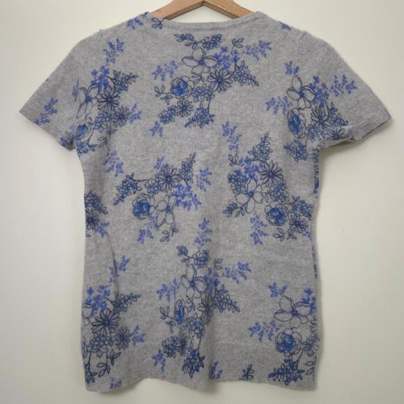 Charter Club 100% Cashmere Luxury Sweater Size S M Short Sleeve Floral Gray Blue - Picture 4 of 4
